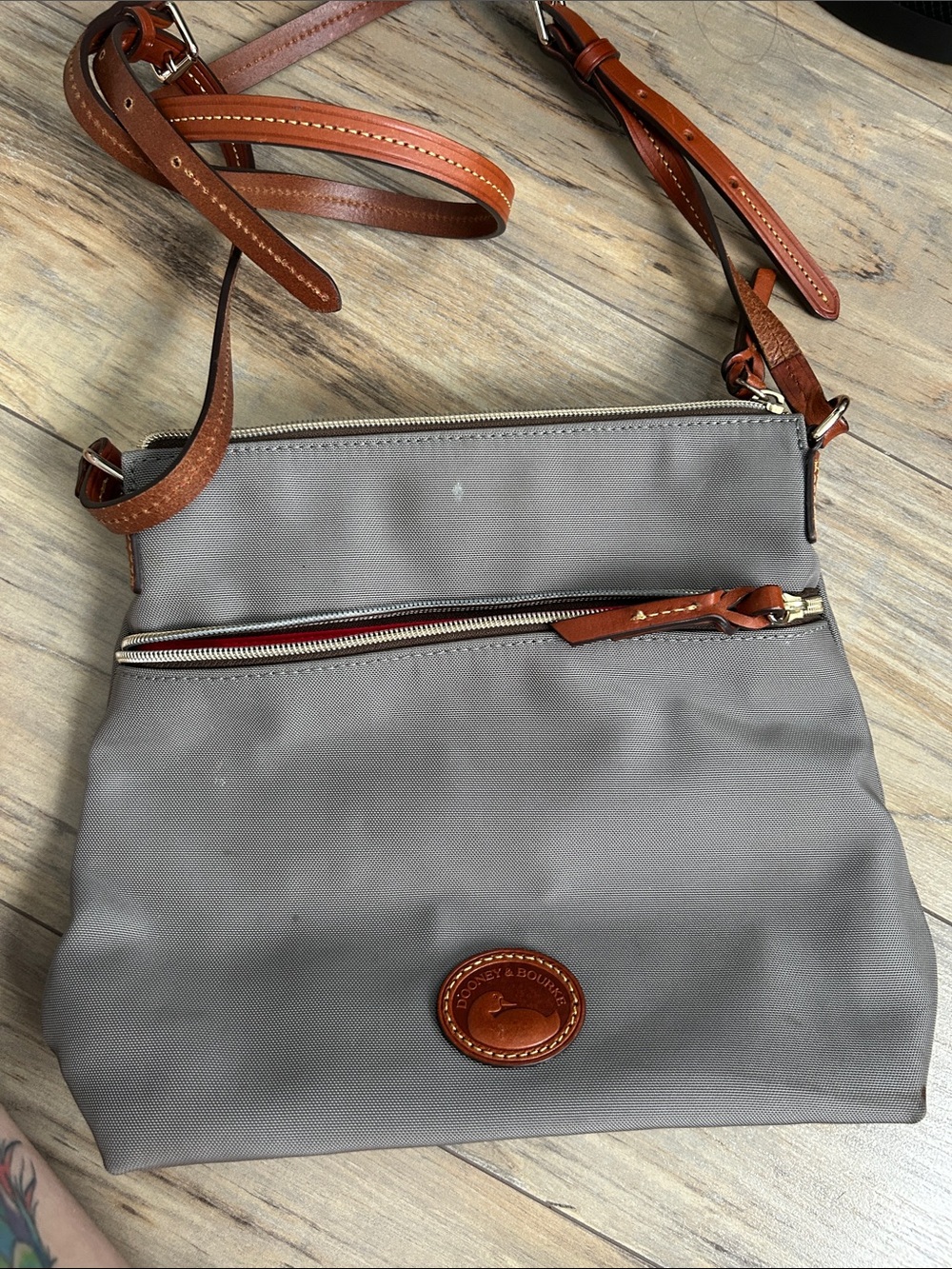 Dooney & Bourke Gray Crossbody with Brown Leather Trim and Strap